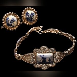 Pretty Vintage Dutch Delftware Windmill Glazed Matching Set